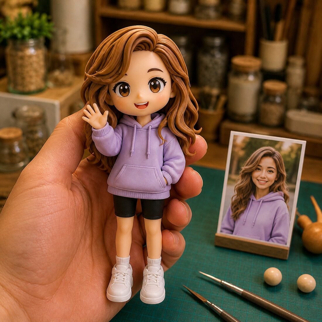 A chibi-style figurine held in a hand for scale, with the source photo on the bench