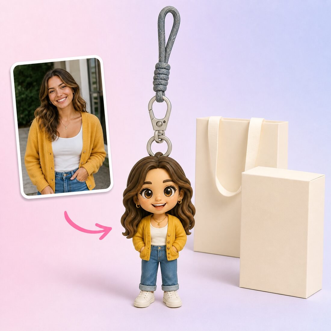 A chibi figurine keychain next to the photo it was made from, with its packaging