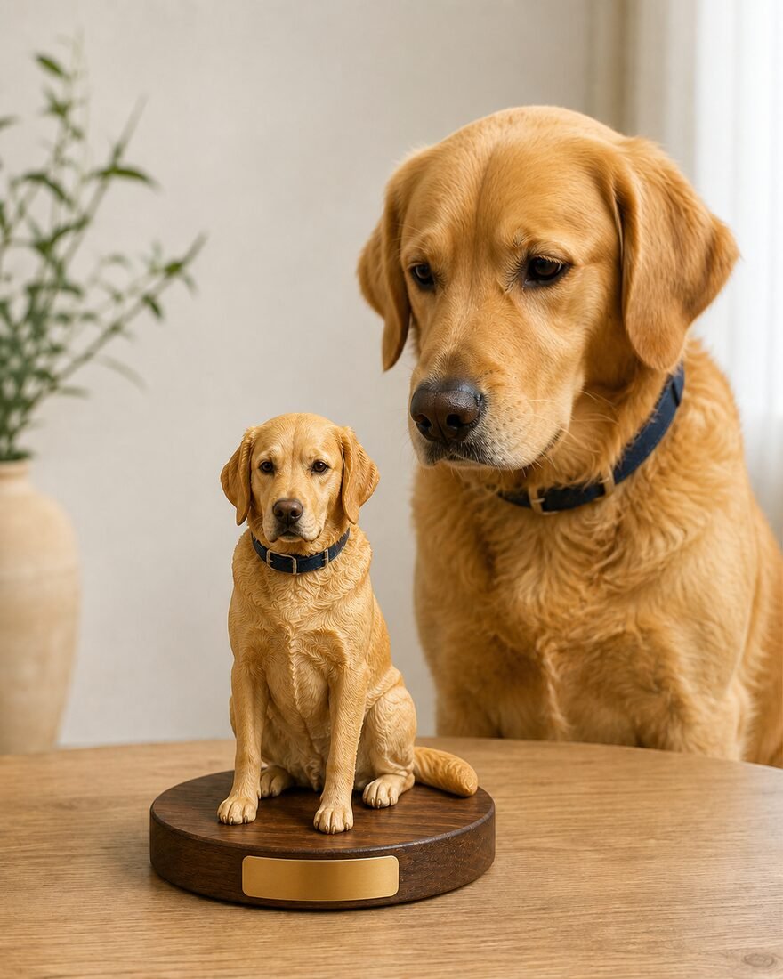 A pet figurine of a golden retriever on a table in front of the real dog